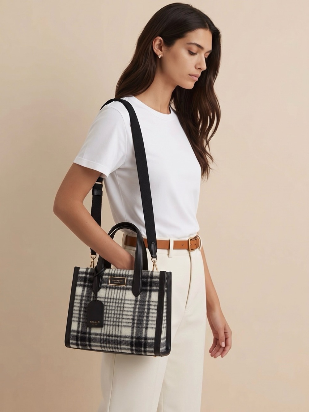 kate spade Black and White Plaid Tote EUC & accessories - Picture 2 of 9